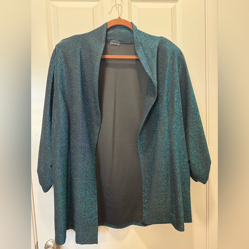 Glittery Teal Open-Front Blazer